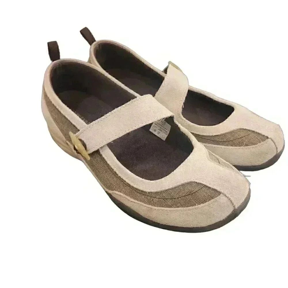𝅺LANDS' END WOMEN'S NATURETEX 70 NATURAL CANVAS NUBUCK SHOES W/STRAP EUC